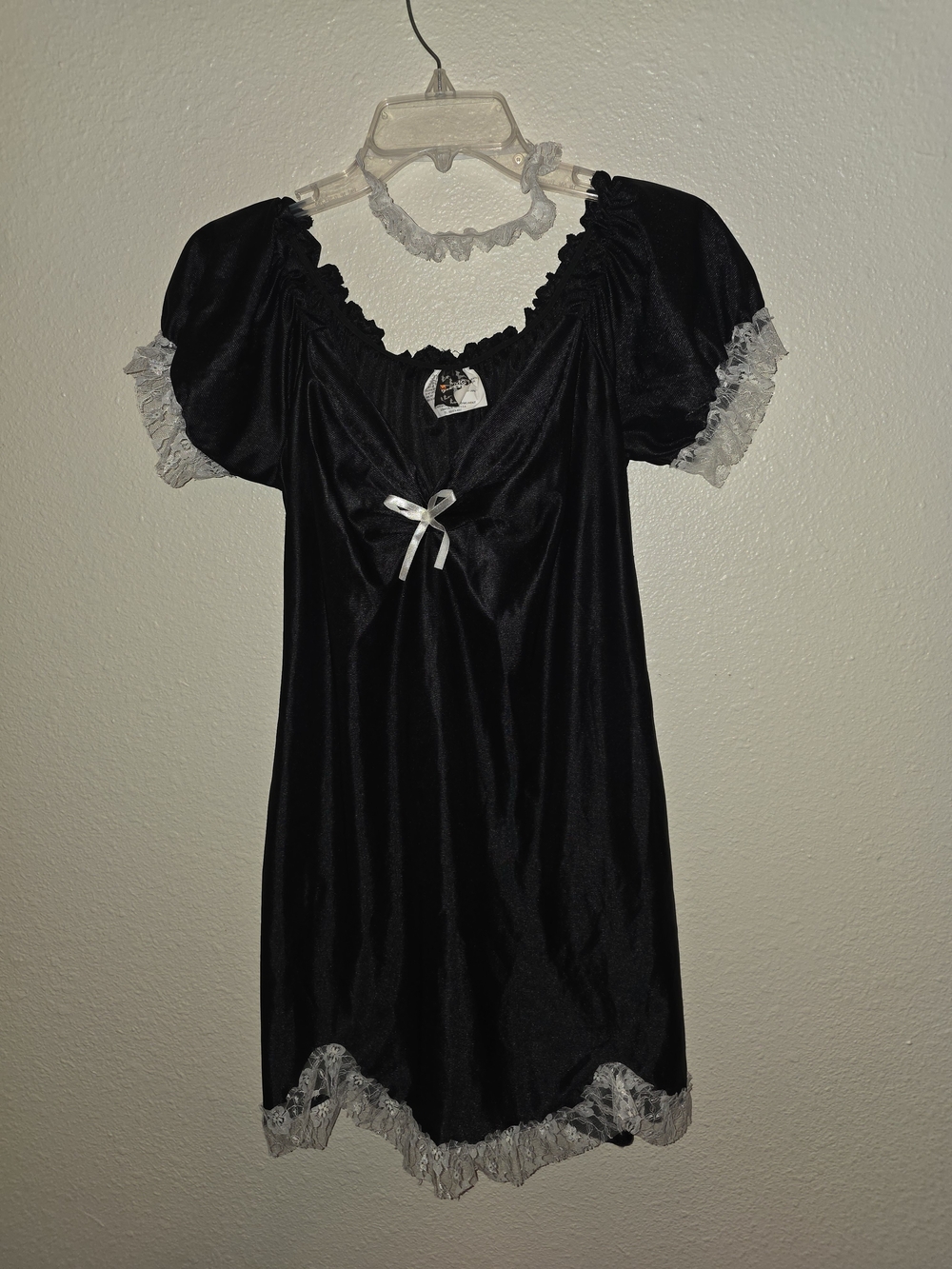 Halloween Maid Costume Black Satin Lace-Trim with Bow